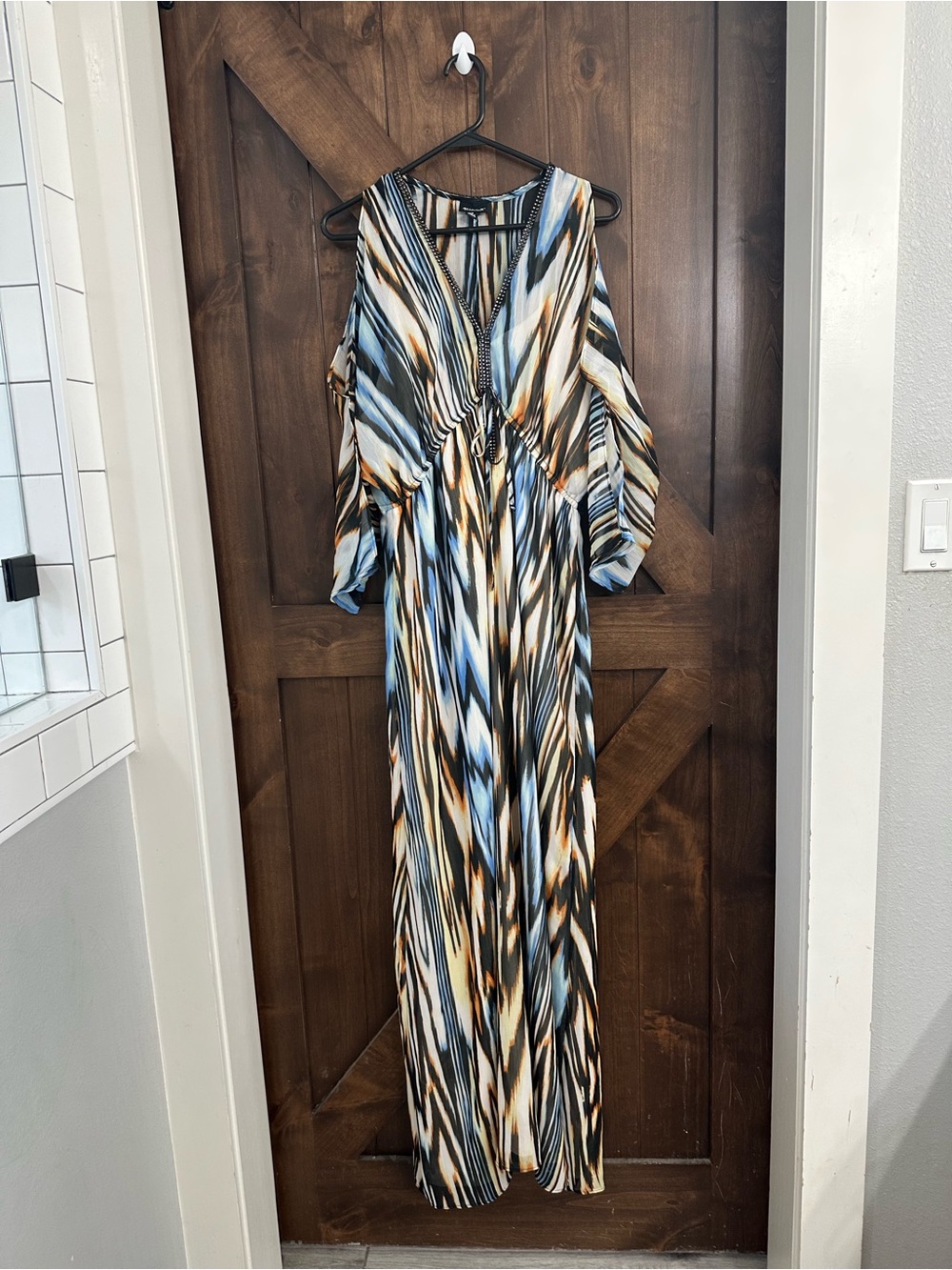 Women's Blue Multi-Stripe Cold-Shoulder Maxi Dress